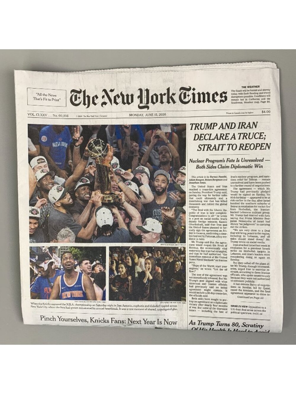 NY Knicks Win NBA Championship June 15 2026 New York Times Newspaper Keepsake